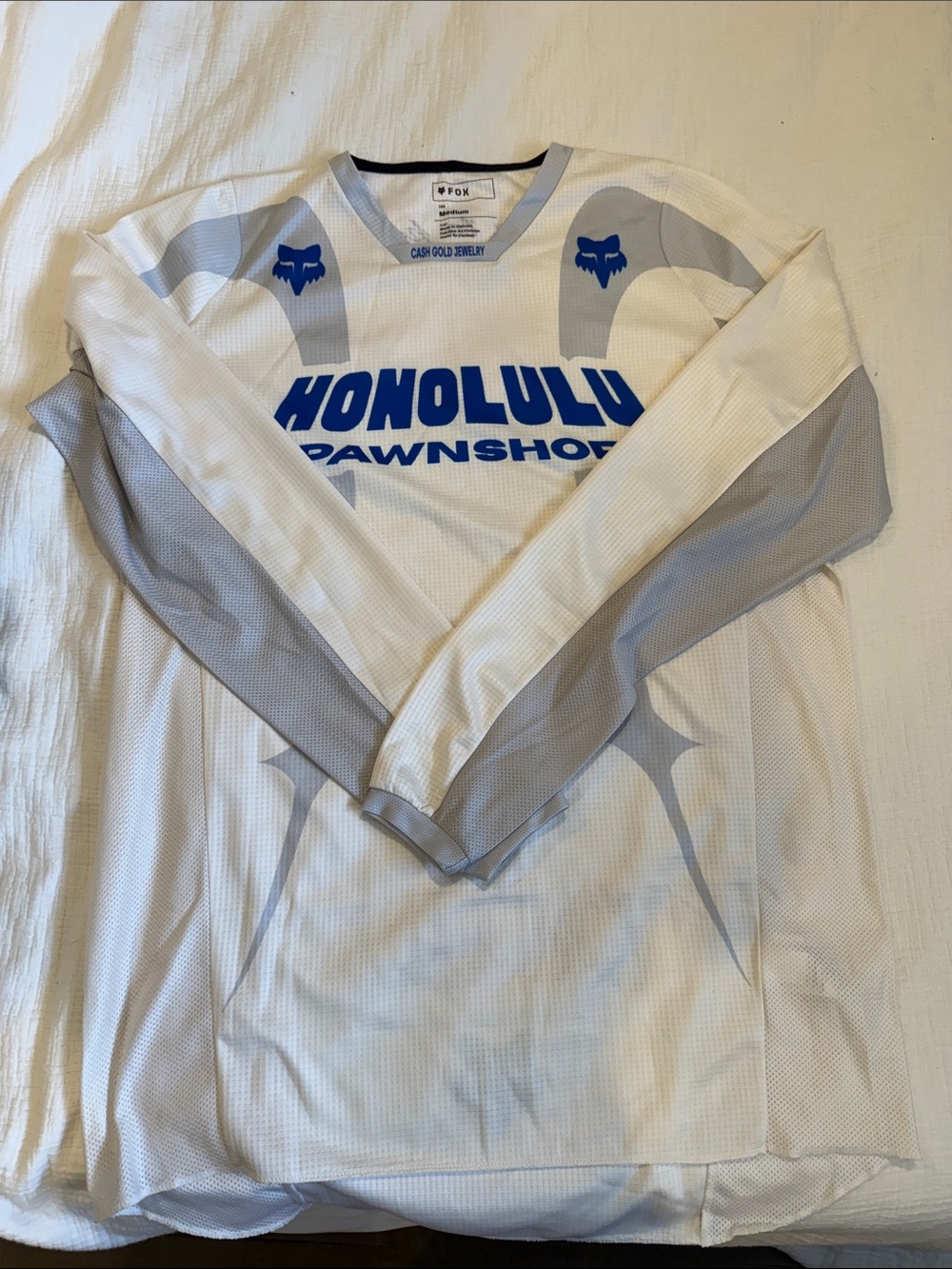 Fox Men’s Honolulu Pawnshop Long-Sleeve Jersey — White/Gray/Blue